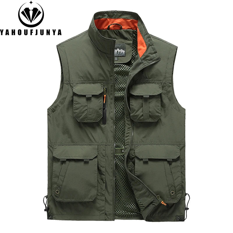 2024 Men Spring Summer Many Pocket Casual Stand Collar Vest Men Sleeveless Solid Color Outdoors Fashion Style Vest Male Coat 6XL
