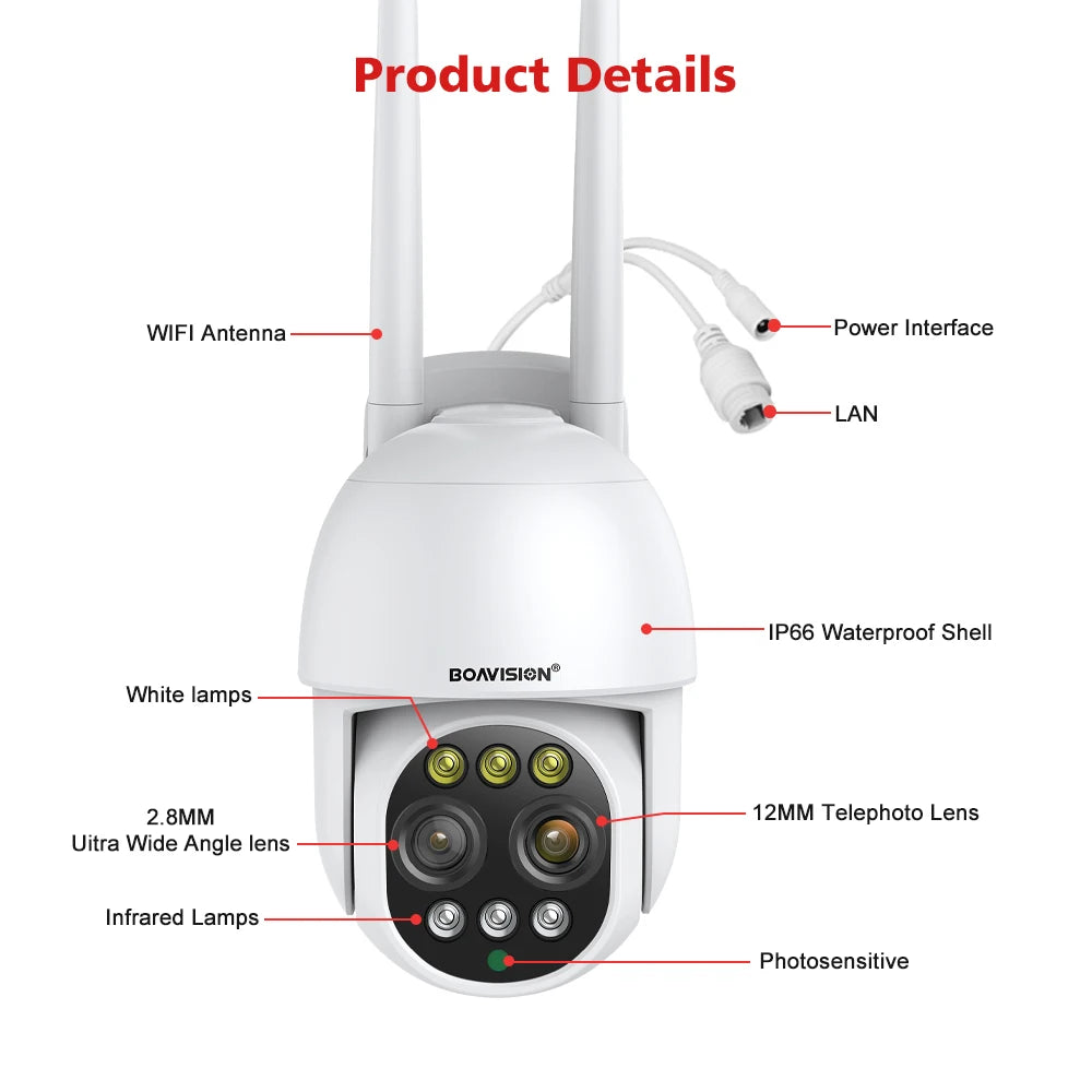 BOAVISION HD 8MP WIFI Camera PTZ Dual Lens 8X Digital Zoom Outdoor 4K AI humanoid Auto Tracking Zoom Audio iCSee Security Camera