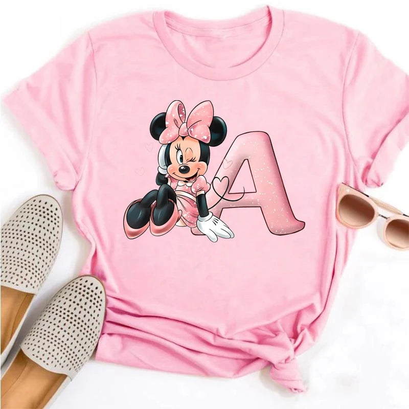 Disney Cartoon Minnie Mouse Letter A B C D E F Print Women Summer T Shirt Harajuku Casual Short Sleeves Pink Female Tshirts