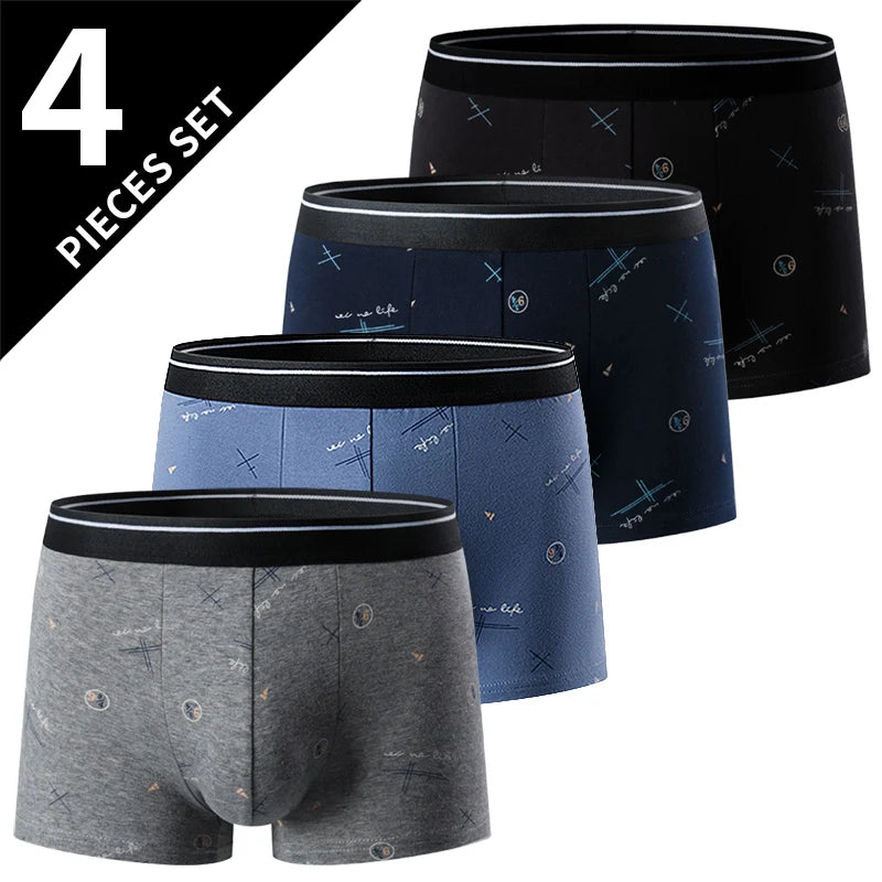 4-piece Set Of Men's English Letter Printed Underwear Breathable Fashionable Comfortable Plus Size Teenage Boxer Shorts Trendy