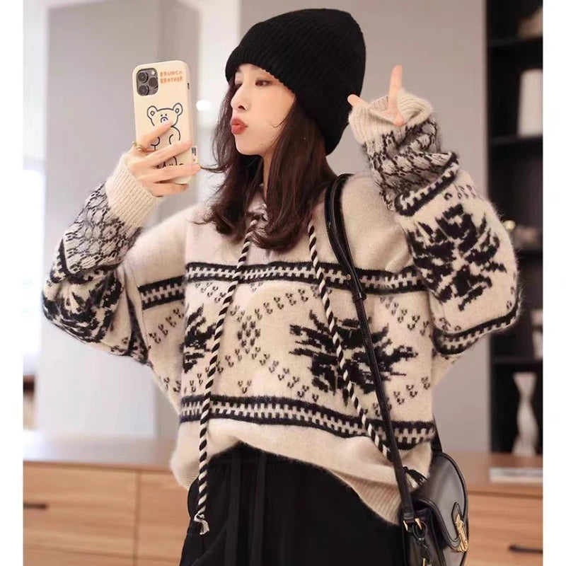 100% pure wool cashmere sweater women's 2024 autumn and winter new hooded collar pullover fashionable loose knit plus size top