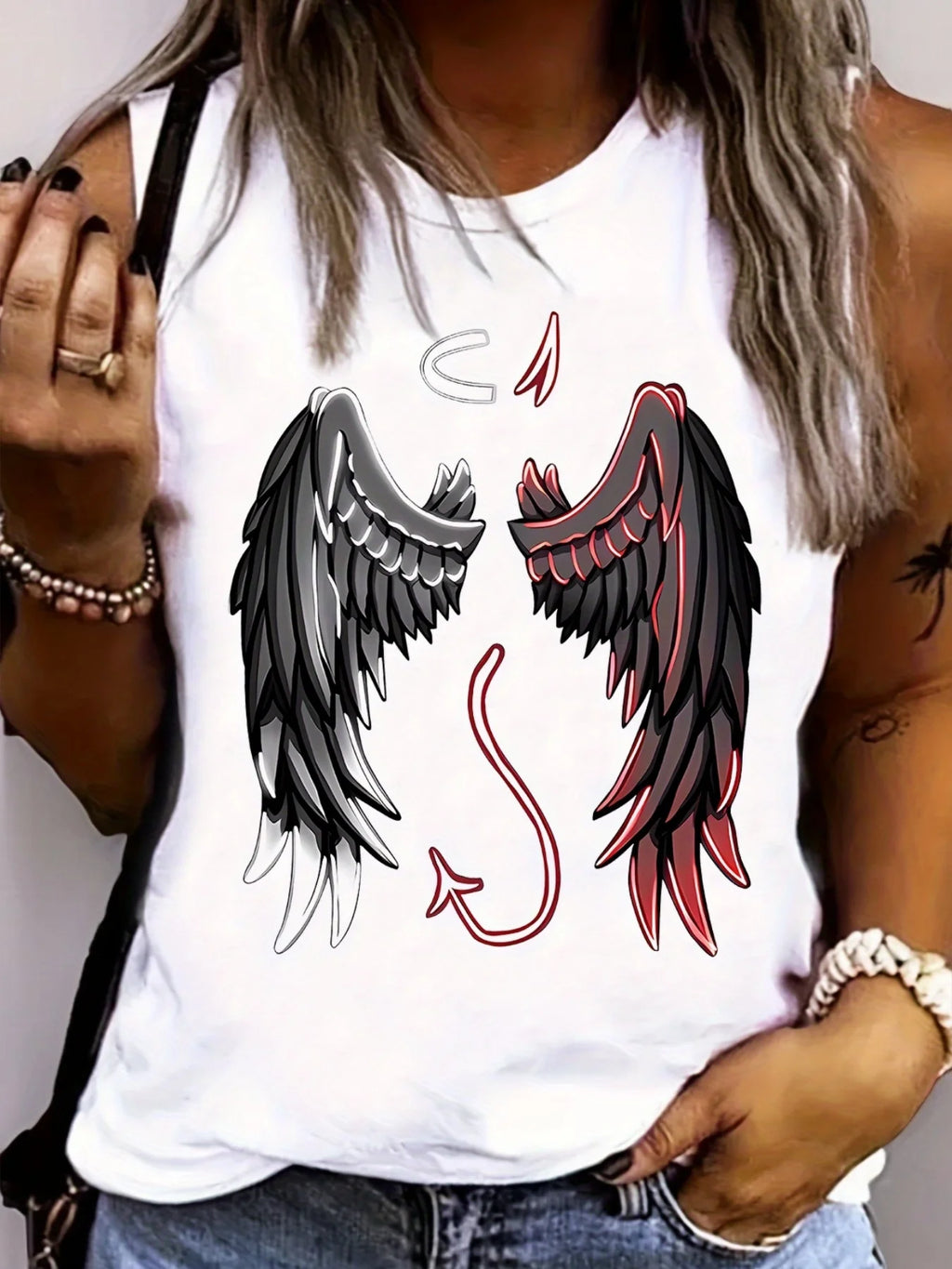 Loose plus size wing pattern printed round neck white vest summer casual sleeveless top women's clothing