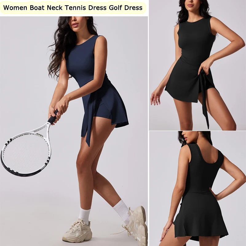 VITALINOVO Tennis Dress for Women with Built in Shorts Womens Athletic Dresses Sleeveless Boat Neck Active Workout Skort Dress