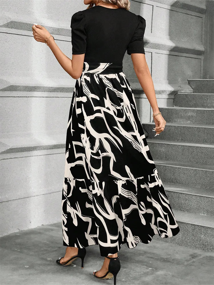 Elegant Floral Print Round Neck Long Dresses Women Short Sleeve High Waist Lace-up Office Lady Holiday Party Dresses Vestidos