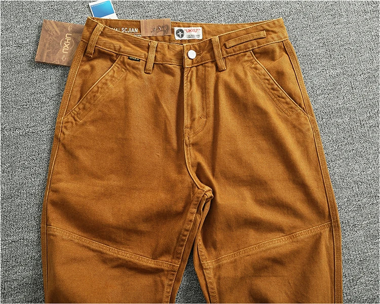 Retro heavy simple cargo pants men's loose straight leg casual pants pure cotton twill woven 3D vertical cut cone pants