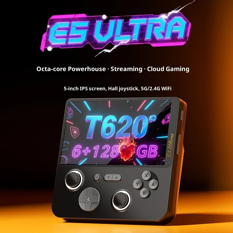 2025 New E5ultra Handheld Game Console With Dual Systems 6+128 Running Memory Cloud Gaming 5-Inch Ips Hall Joystick Game Console