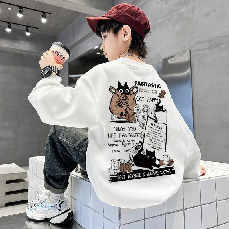 New Boys Girls Sweatshirt Pullover Autumn Korean Version Cartoon Cat Group Printed Long Sleeves T-Shirt Tops Casual Kids Clothes