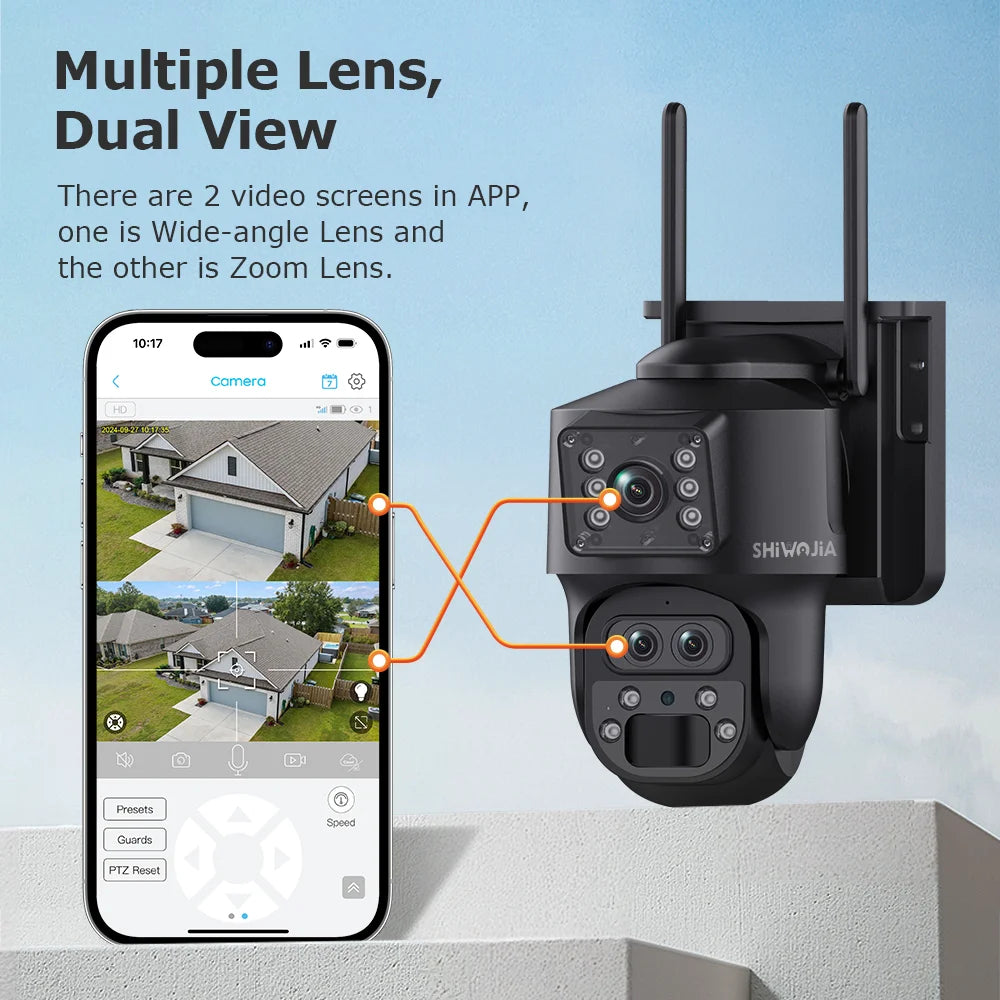 SHIWOJIA 15X ZOOM Solar Camera 4G 12MP Three Lens 360° View 5W Solar Panel Security Outdoor PTZ IP Camera 7800mAh Battery UBOX