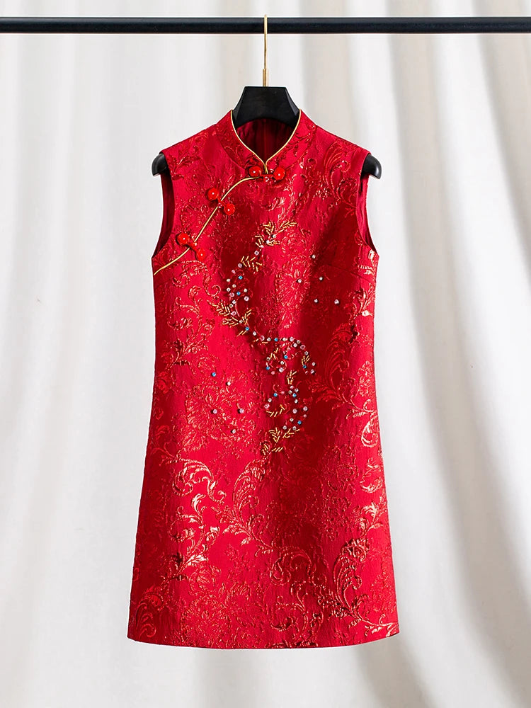 Red Chinese Style Sleeveless Beaded Dress for Wedding, Banquet, Evening Party Elegant Midi Dress for Women
