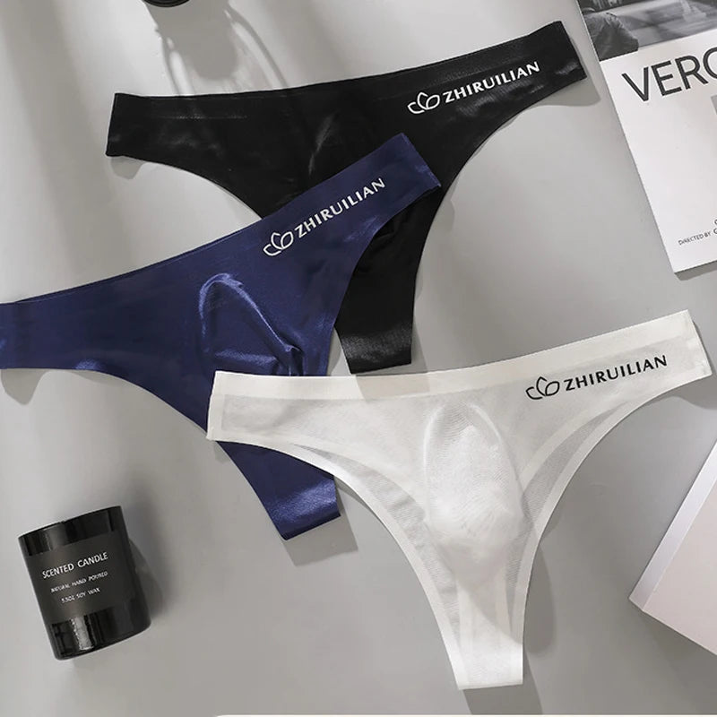 Men's Thongs Low Waist Underwear Sexy Ice Silk T-Back Panties Breathable Quick Drying G-string Seamless Ultra-thin Underpants