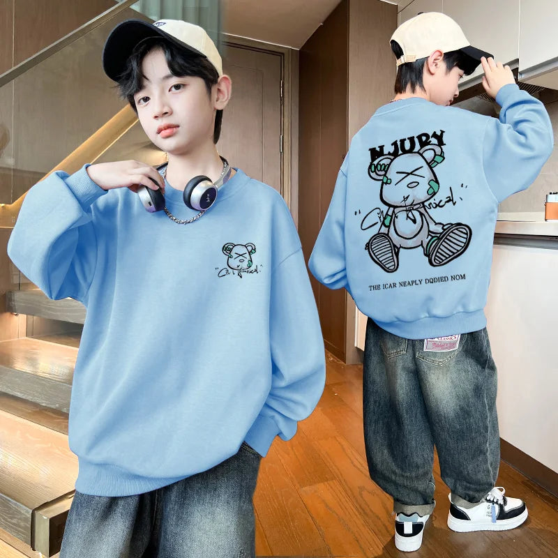 2025 Kids Clothes Boys Cartoon Bear Sweatshirts Loose Sports Round Neck Tops Autumn Clothing T Letter Printed Long-sleeve Hoodie