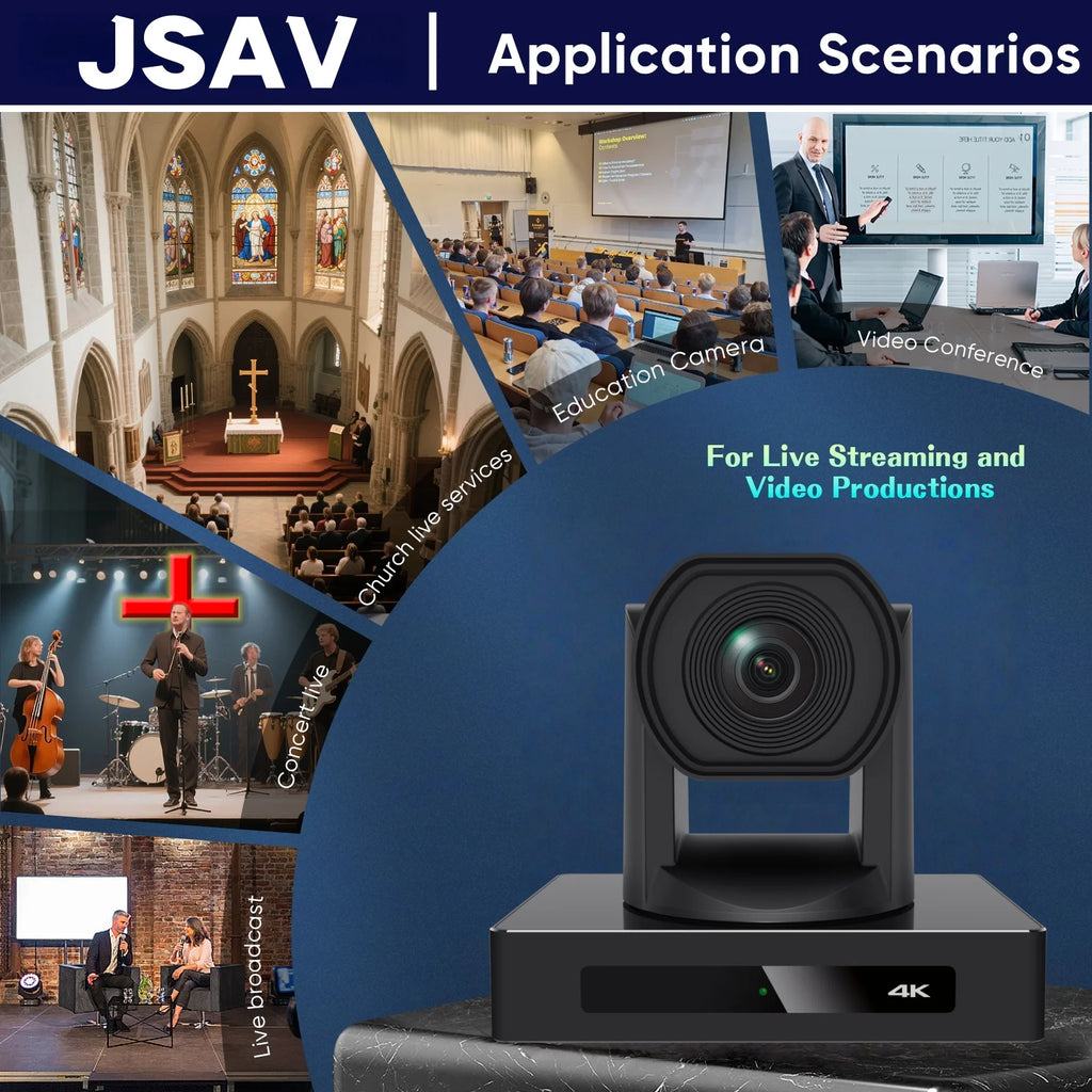JSAV 4K 60fps NDI Camera PTZ 1pc-3pcs SDI HDMI POE SDI 12X 1PC Video Switcher Conference Camera for Church Business Meeting