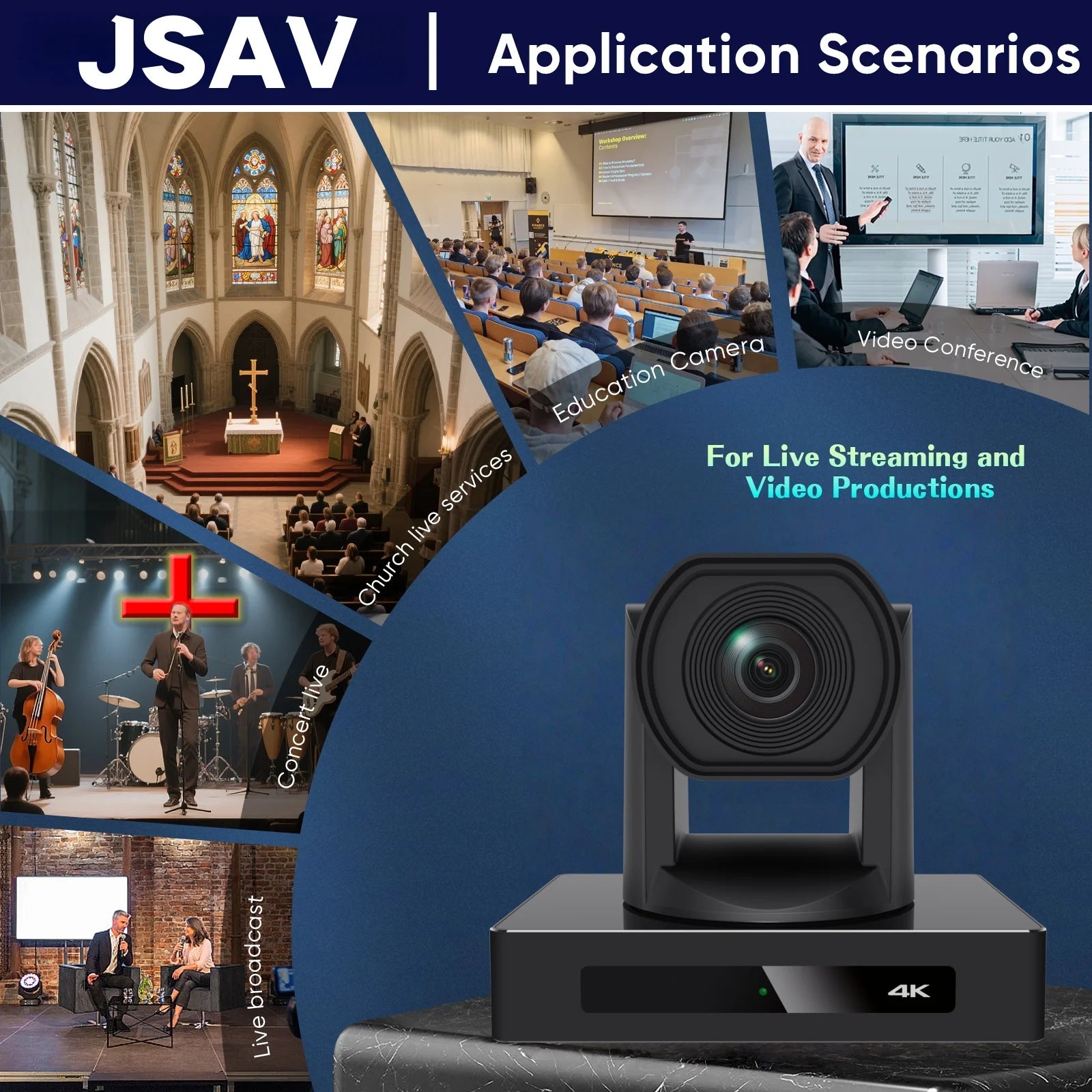 JSAV 4K 60fps NDI Camera PTZ 1pc-3pcs SDI HDMI POE SDI 12X 1PC Video Switcher Conference Camera for Church Business Meeting