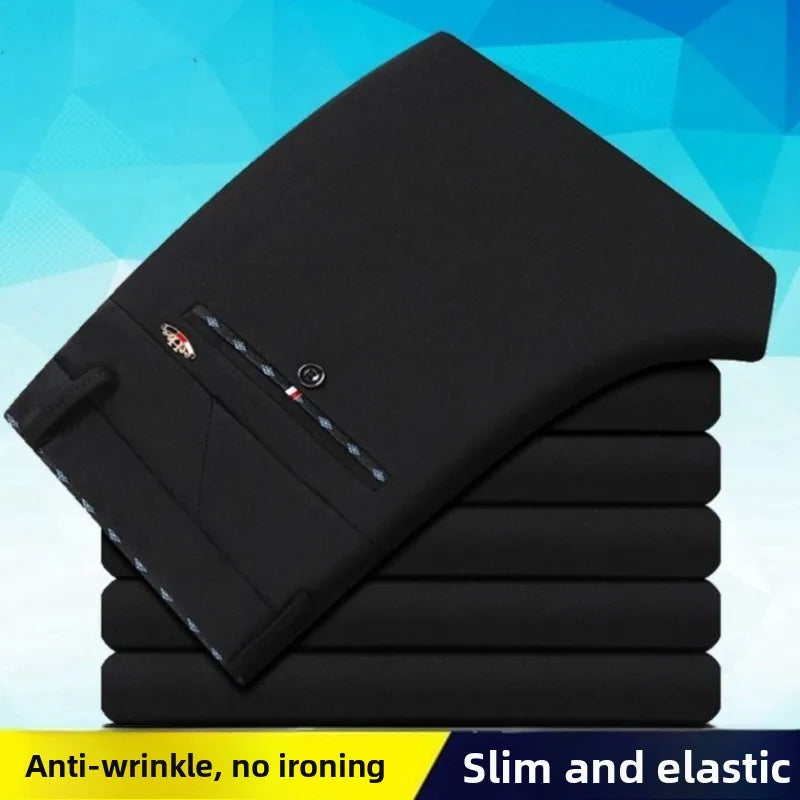 Elastic Waist Dress Pants Men, Professional Office Trousers Wrinkle Resistant, Spring Autumn Slim Fit Thin Business Chino Pants
