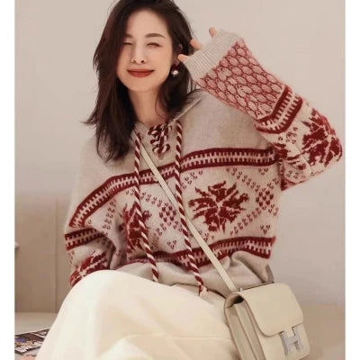 100% pure wool cashmere sweater women's 2024 autumn and winter new hooded collar pullover fashionable loose knit plus size top