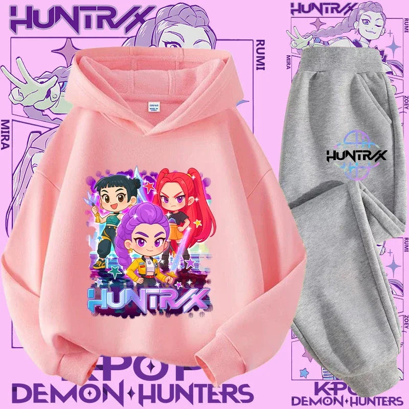 K-pop Demon Hunter New Children's Hoodie Set - Cute Girls' Casual Top for Kids,Boys' Sports Shirt with Cartoon Print-2-Piece Set