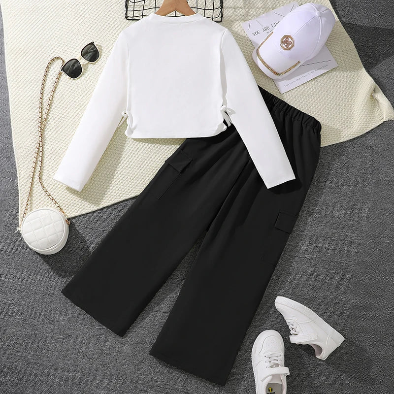 2024 New Spring Autumn Girls Matching Clothes 8-12 Years Solid Color Vacation Party Daily Casual Clothing Korean Style Outfits