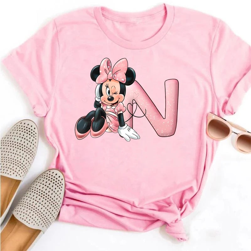 Disney Cartoon Minnie Mouse Letter A B C D E F Print Women Summer T Shirt Harajuku Casual Short Sleeves Pink Female Tshirts