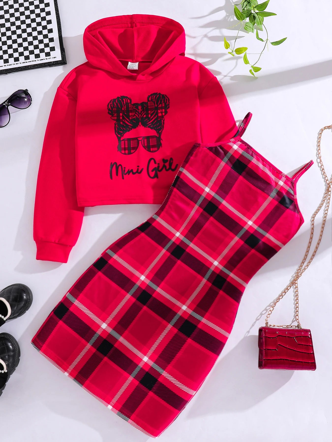 Girls Spring Autumn Fashion Set Red Cartoon Printed Hoodie And Red Plaid Halter Dress Outfit for Kids