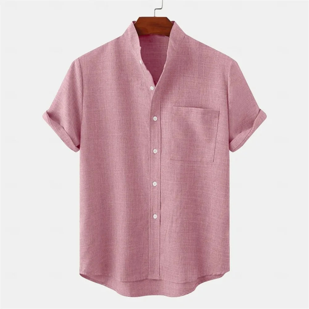 Summer new men's pure-color linen short-sleeved collared shirt - Casual enhanced version men's shirt - Fast shipping