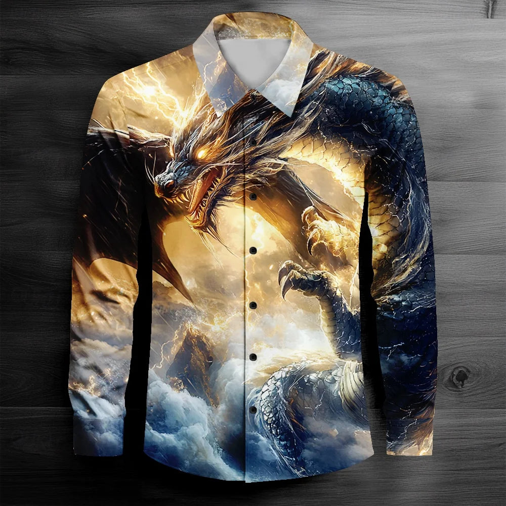 New Men's Long Sleeve Shirt Wave Button Casual Street Fashion Summer 3D Striped Print Long Sleeve Shirt