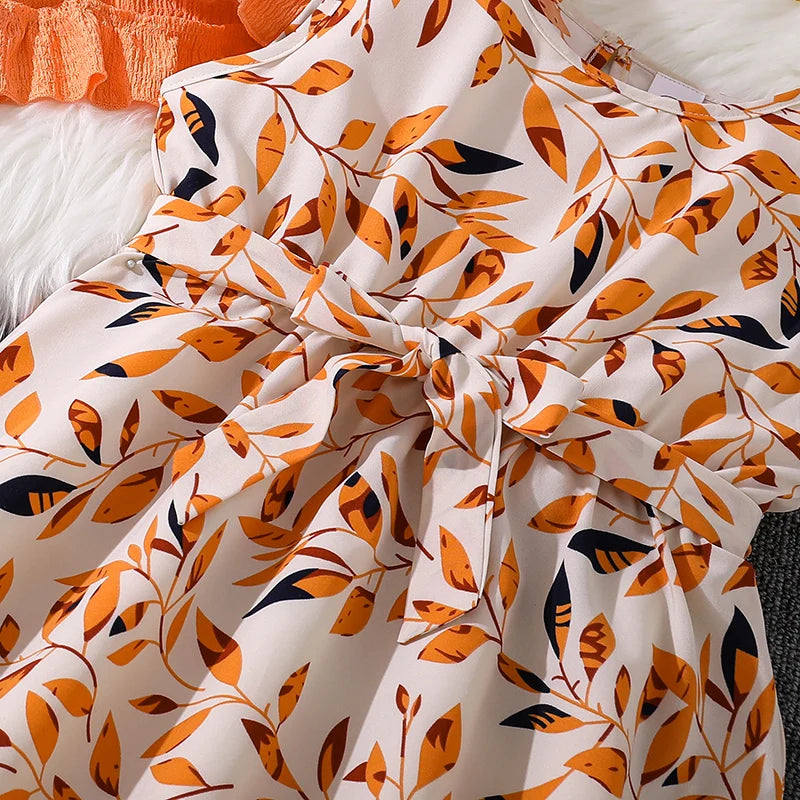 Children Casual Vacation Suits Orange Long-Sleeved Top & Printed Dress Stylish Girls Suits Vacation Holiday Clothes Kids Outfits