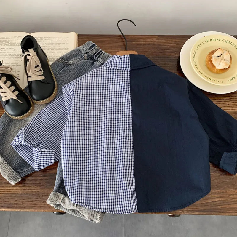 2025 Autumn Winter Cotton Boys Shirt Children Kid Long Sleeve SweatShirt Baby Turn-down Collar Patchwork 3-10 Years Toddler