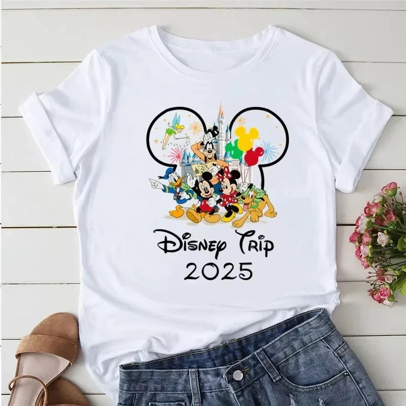 Disney Trip 2025 Printed T-shirt Mickey Minnie Mouse White T-Shirts Women Short Sleeves Clothing Fashion Female Streetwear Tops