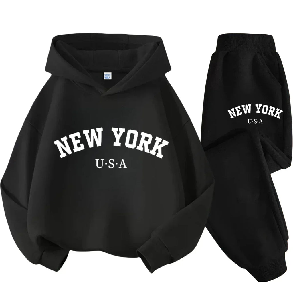 Children Hoodie Tracksuit Autumn Winter New York USA Letter Graphic Sweatshirt Pant Suit Baby Boy Girl Kid Sport Two Pieces Set