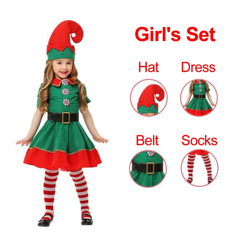 2026 New Year Green Elf Costume For Girl Boy Santa Claus Suit Set With Hat Children Christmas Party Performance Set