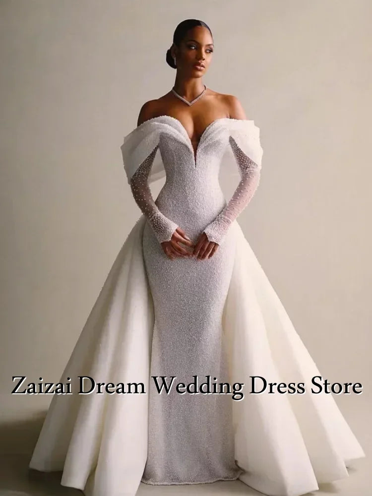 Customized Luxury Detachable 2 In 1Mermaid Wedding Dress Lace Sequins with Train V Neck Full Sleeve Bride Gown  Vestido De Novia