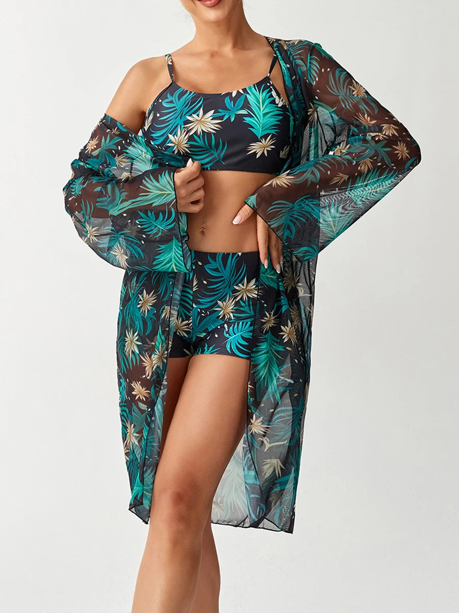 3 Pieces Strappy Bikinis 2026 With Kimono Swimsuit Women Printed High Waist Swimwear Female Bathers Bathing Swimming Swim Suit