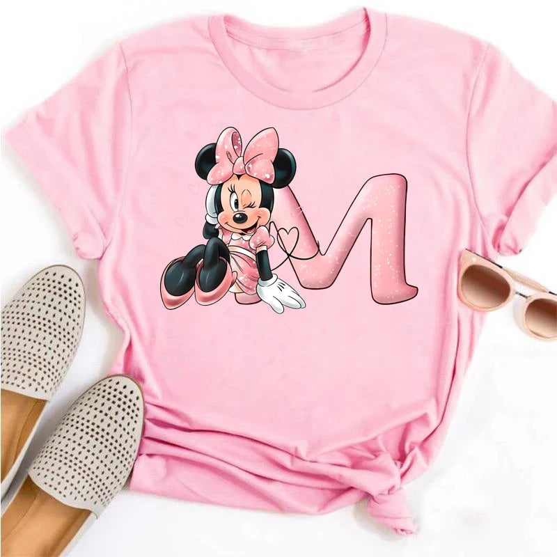 Disney Cartoon Minnie Mouse Letter A B C D E F Print Women Summer T Shirt Harajuku Casual Short Sleeves Pink Female Tshirts