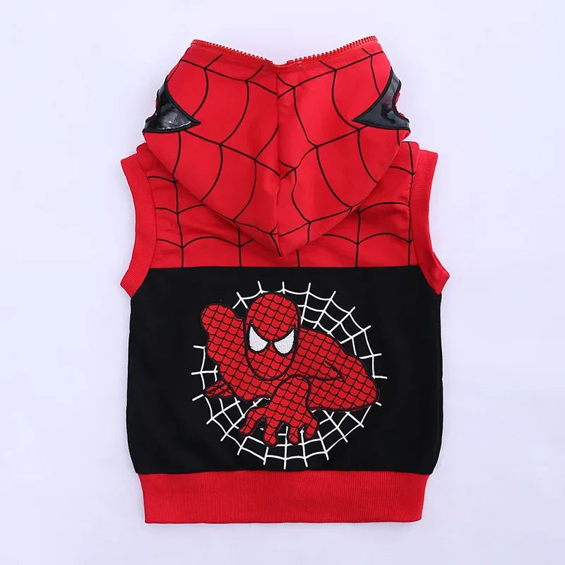 3pcs Cartoon Print Spiderman Cosplay Costume Autumn Kids Boys Sleeveless Hooded Vest +T Shirt+Pant Tracksuit Children Outfits