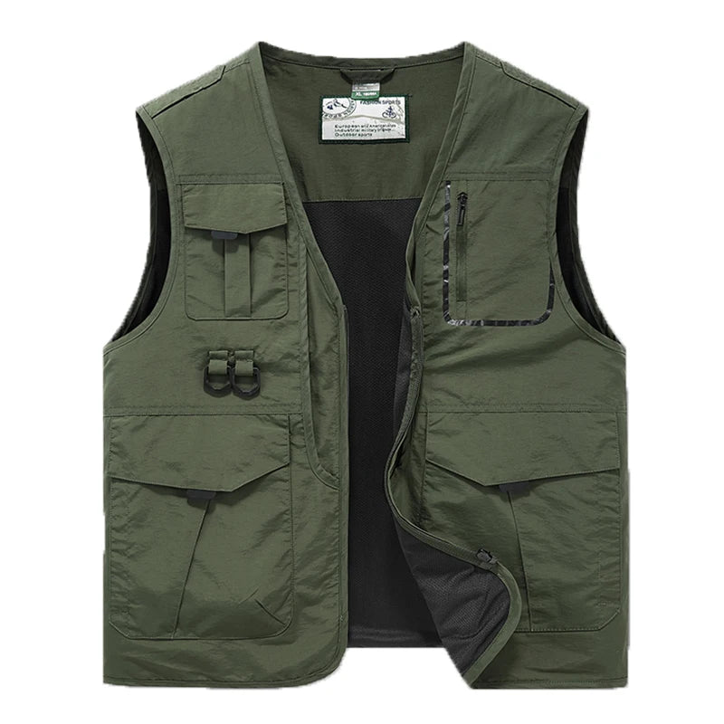 2024 Men Spring Sleeveless Many Pocket Stand Collar Vest Jackets Men Solid Color Outdoors Fishing Cargo Casual Vest Jackets Male