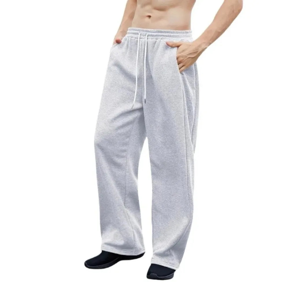 2025 New European and American Men's Sports Pants with Drawstring Waist, Wide Legs, Loose Pants with Pockets