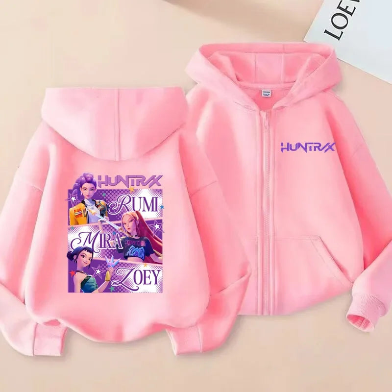 Kpop Demon Hunters Hoodie Coat Boys Girls Anime Fashion Zipper Jacket Children Spring Autumn Hoodies Kids Clothes