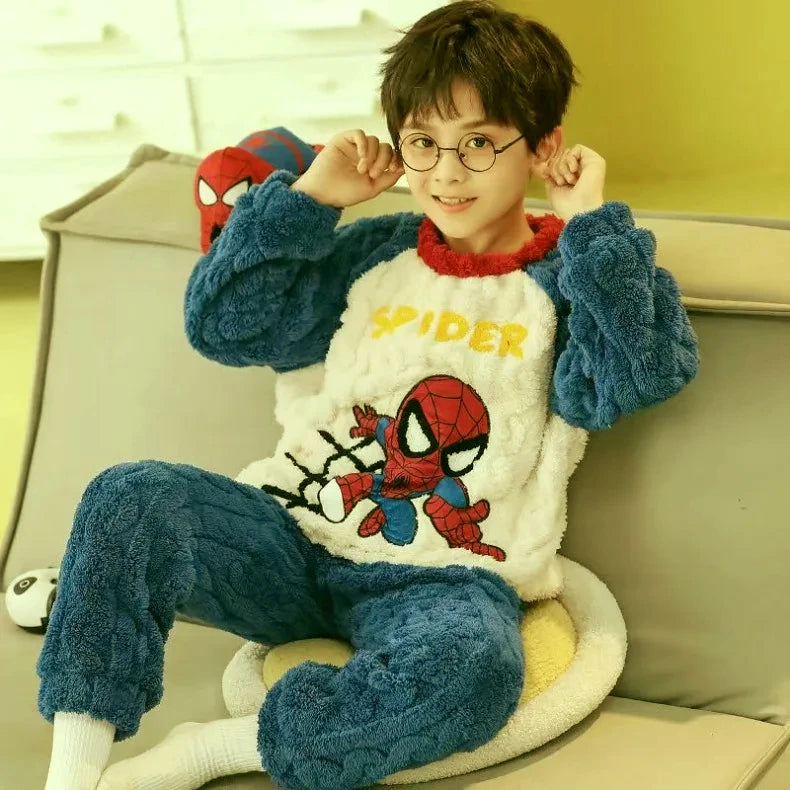 Winter Marvel Children Clothing Boys Sleepwear Set Flannel Thick Long Sleeve Warm Set Pajamas Two Pieces Kids Clothes Spiderman