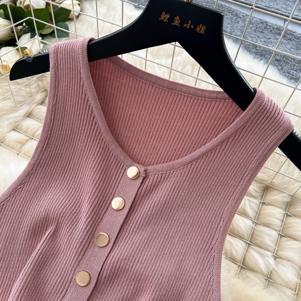 2025 New Women Chic Fashion With Golden Buttons Knitted Midi Dress O Neck Sleeveless Female Dresses Vestidos Mujer