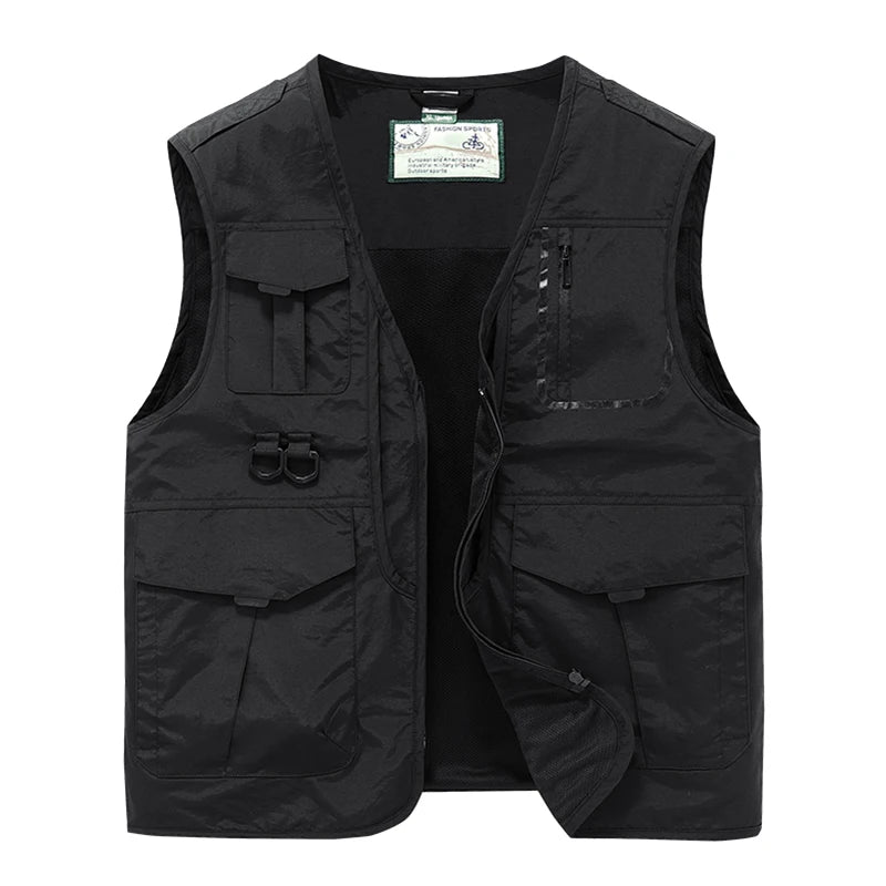 2024 Men Spring Sleeveless Many Pocket Stand Collar Vest Jackets Men Solid Color Outdoors Fishing Cargo Casual Vest Jackets Male