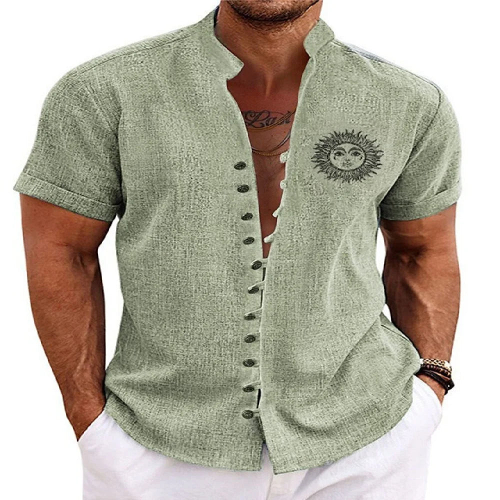 New men's linen short-sleeved shirt, with a fashionable retro style, ethnic motif printing, comfortable and breathable. Men's sh