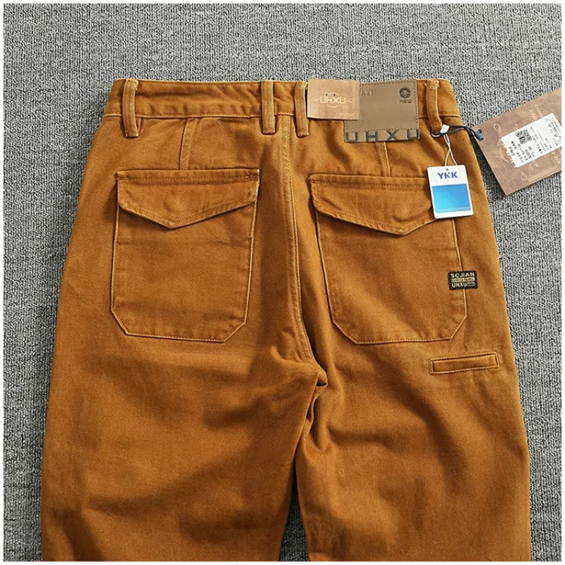 Retro heavy simple cargo pants men's loose straight leg casual pants pure cotton twill woven 3D vertical cut cone pants