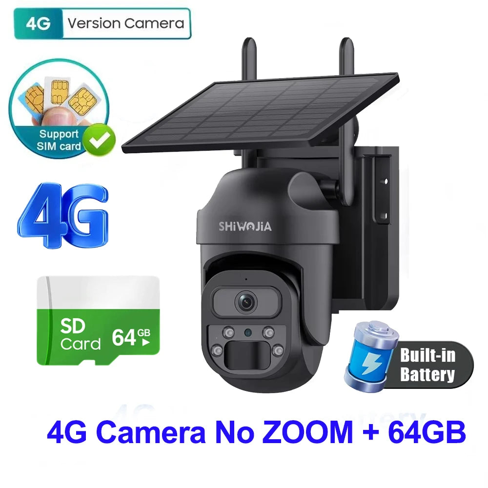 SHIWOJIA 15X ZOOM Solar Camera 4G 12MP Three Lens 360° View 5W Solar Panel Security Outdoor PTZ IP Camera 7800mAh Battery UBOX