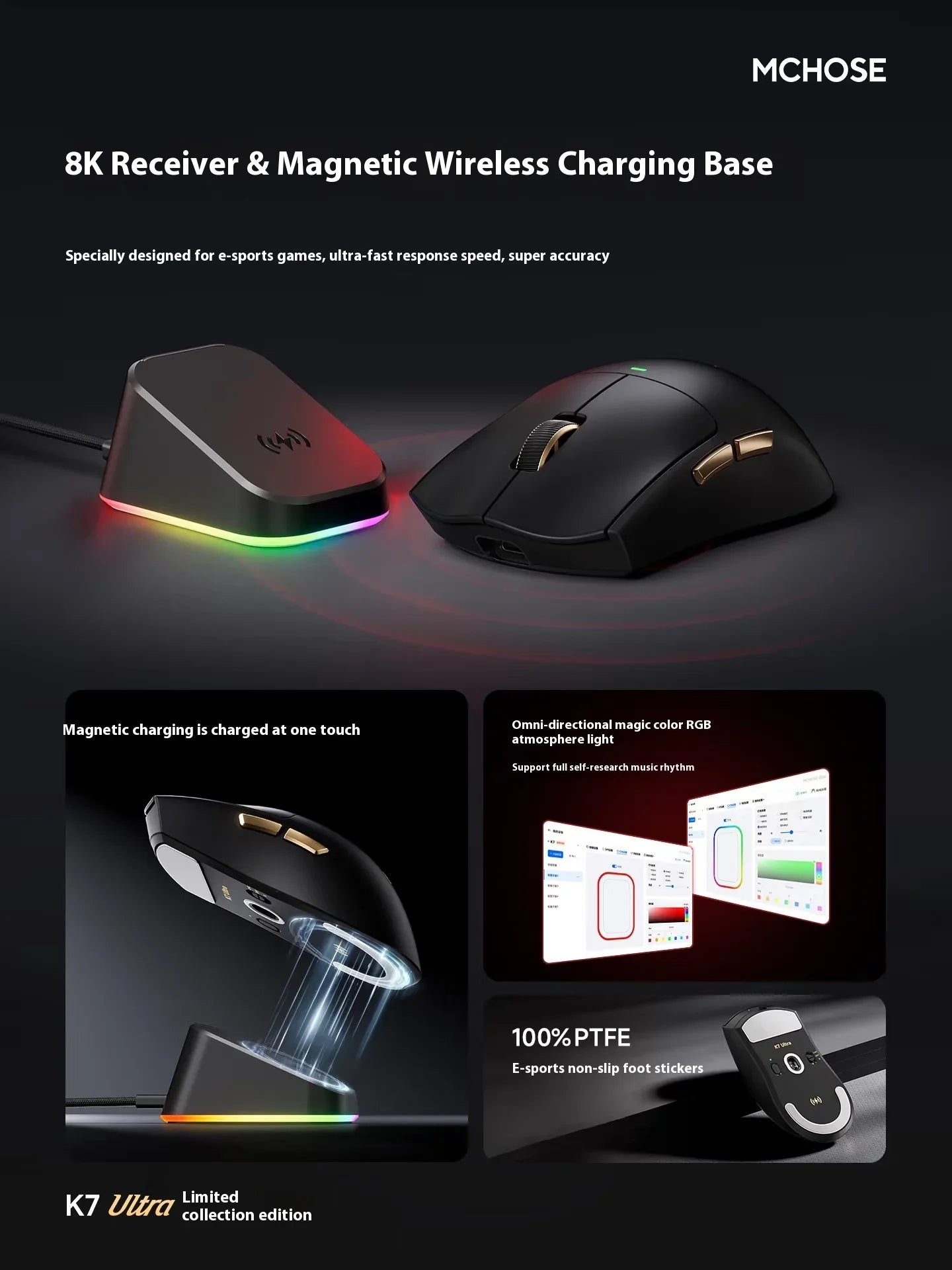 MCHOSE K7 Ultra Gaming Mouse PAW3950 Magnetic Wireless Charging Dual 8K Wired wireless Bluetooth connection Esports office