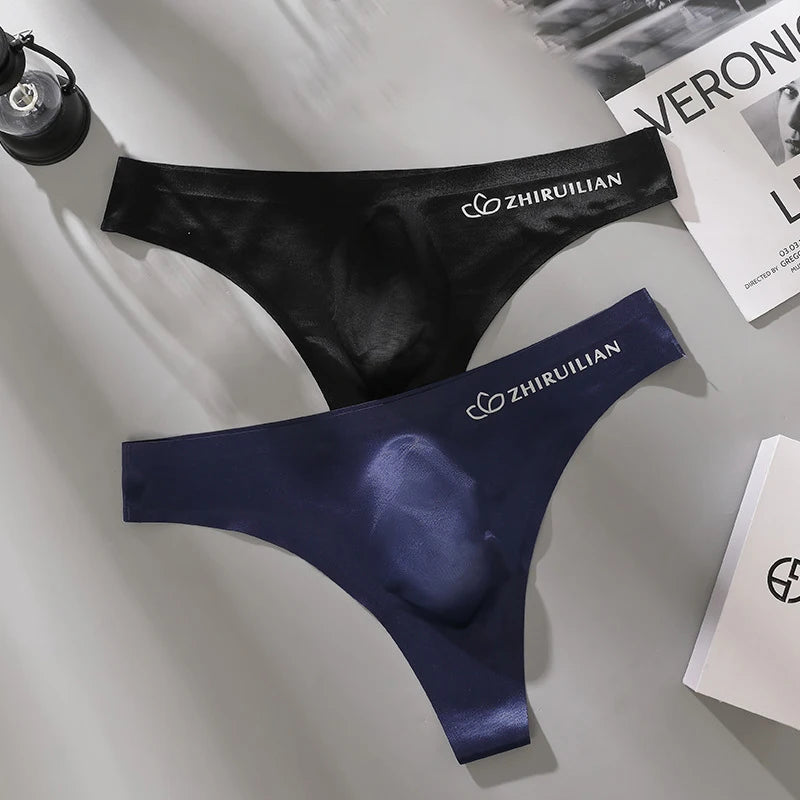 Men's Thongs Low Waist Underwear Sexy Ice Silk T-Back Panties Breathable Quick Drying G-string Seamless Ultra-thin Underpants