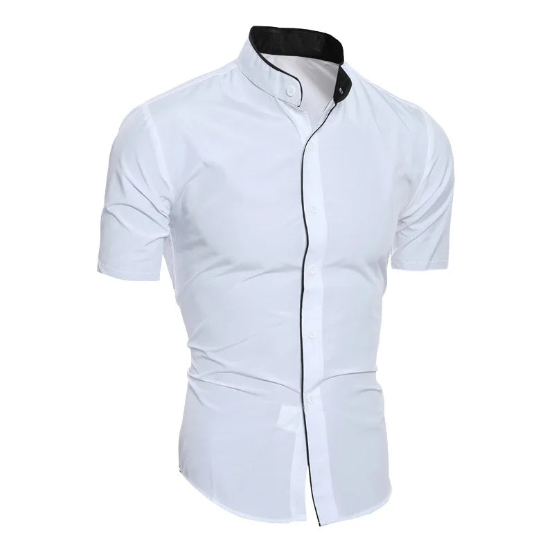 Summer men's stand collar solid color block short sleeve shirt casual fashion single breasted men's contrast shirt