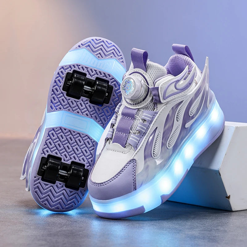 2025 New children's four-wheel novice light up rotary button automatic shrinkage fast walking shoes for boys sneakers