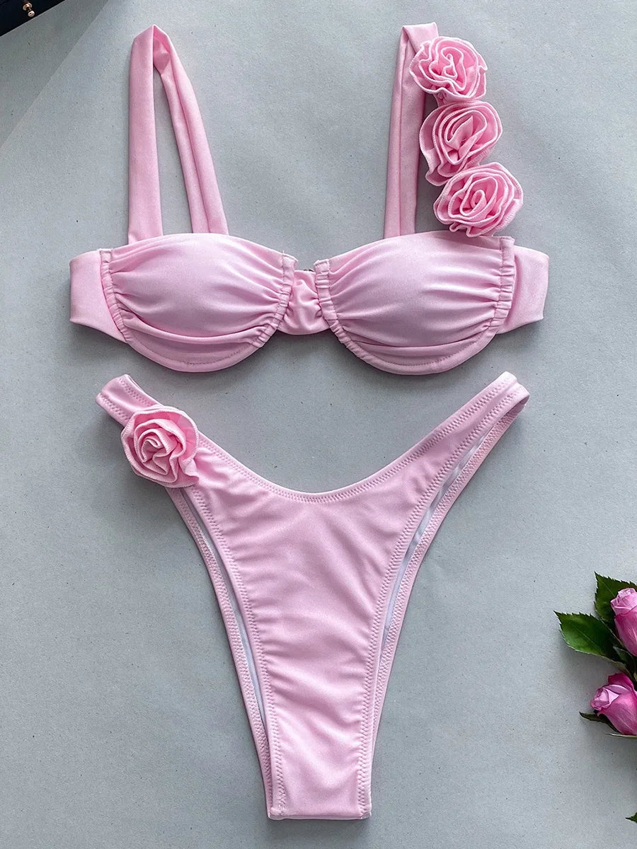 Sexy 3D Flowers Underwired Brazilian Bikini Women Swimwear Female Swimsuit Two-pieces Bikini Set Triangle Bathing Suit Swim Lady