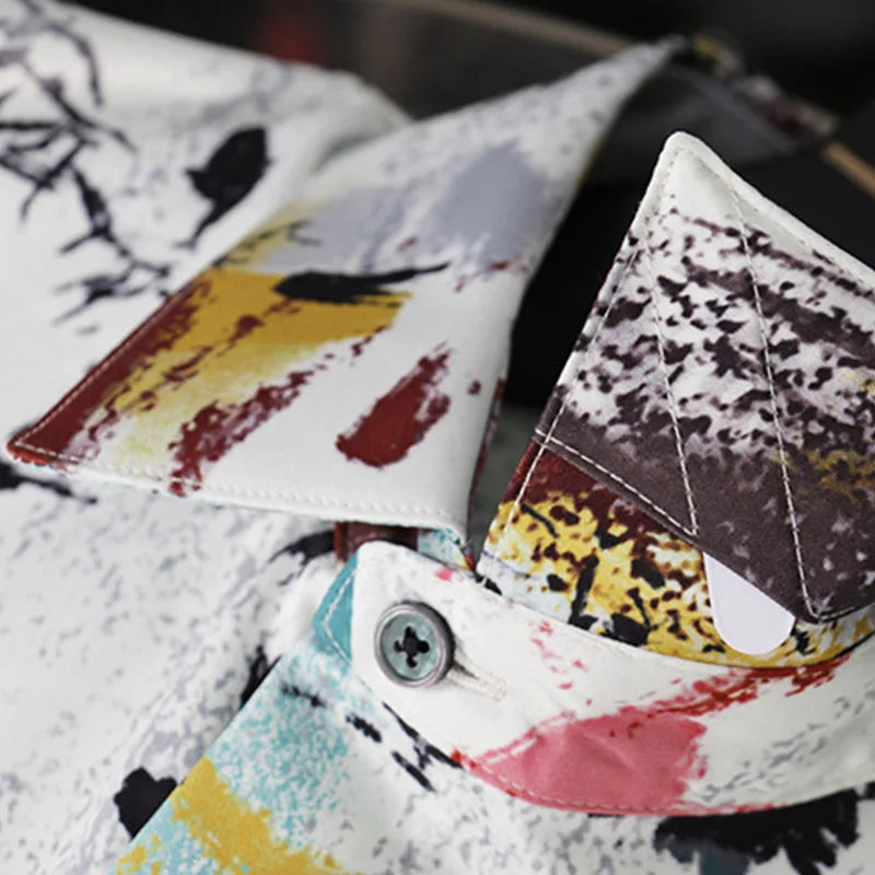 2025 Silk Shirt Men Fashion Graffiti Print Long Sleeve Casual Shirts Slim Social Streetwear Non Ironing Nightclub Stage Shirt