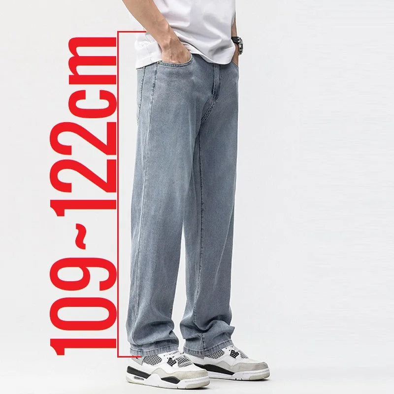 190cm Tall Man Jean Lyocell Wide Leg Denim Pant Male Extra Long Length 115cm 120cm Summer Big Clothes Light Stretch Straight Fit